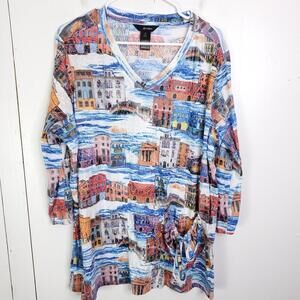 Ali Miles Top Womens 1X Artsy Maximalist Cityscape Colorful Textured Pocket